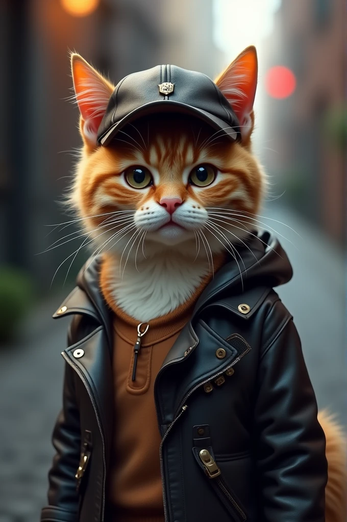 Cat wearing baseball hat with leather jacket
