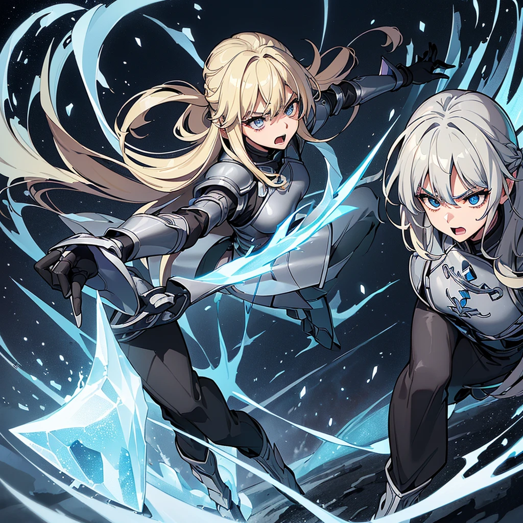 ((((Solo))))、Best illustrations、Best Quality、(Full body character concept、Character Design)、(((Grey Armor、Black trousers、Black gloves))、(woman、18-year-old)、(Blonde、Long Hair)、(Get Ready)、(get annoyed、Open your mouth)、(Particles of light, Blue aura, ice、iceの玉、巨大なiceの塊、iceの魔法、Deathblow)、Dramatic Angle、Snowstorm、Dramatic Angle、Both hands in front、(Diagonally below)
