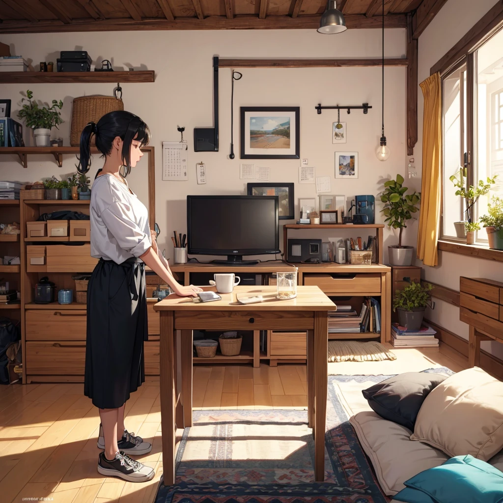 In a trendy urban loft, a group of girls elevates the ordinary task of organizing a living space into a creative and engaging activity. One girl, with a knack for interior design, shows how to turn cluttered spaces into stylish, functional rooms with just a few simple changes, using upcycled materials and DIY projects to add personal touches. Another girl, a minimalist at heart, leads a decluttering workshop, guiding participants on how to simplify their belongings and create a more serene environment. Meanwhile, a third girl combines cleaning with mindfulness, teaching techniques to make tidying up a calming and meditative experience. As they work, the loft transforms from a chaotic space into a beautifully organized sanctuary, demonstrating that even the most mundane tasks can be an opportunity for creativity and self-expression.