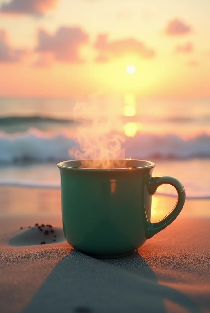 Green coffee mug beach view sunrise 