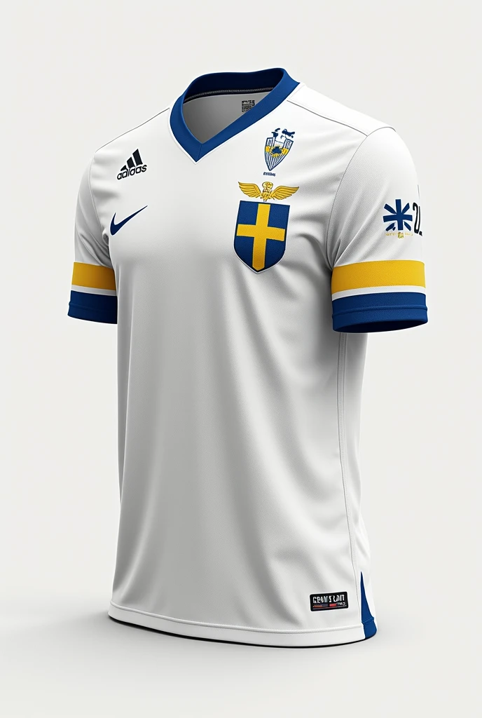make a white sweden team shirt with nordic theme and blue and yellow details