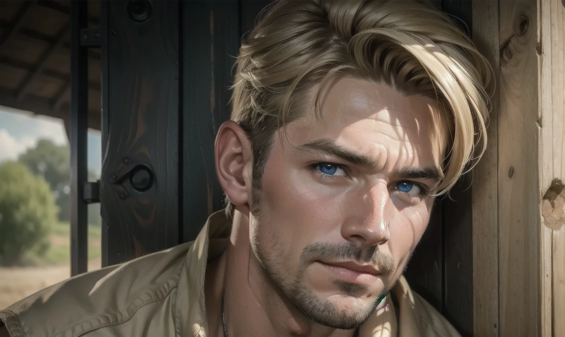 [((highly detailed, detailed eyes, detailed face, clear and realistic facial features, photorealistic, realistic light, cinematic)), ((((1 man)))), Mark is a handsome and alluring slender but muscular male farmer father aged 45 with short blond hair and a neat moustache and blue eyes and weathered skin wearing a flannelette shirt, ((sexy rural gay farmer)), ((greying dark-blond hair)), (((weathered mature face))), (((Mark has a seductive smirking look on his face and a slight blush on his cheeks))), There is a charming yet dry southern farm in the background, (((air of sexual tension))) (((alluring glance)))]