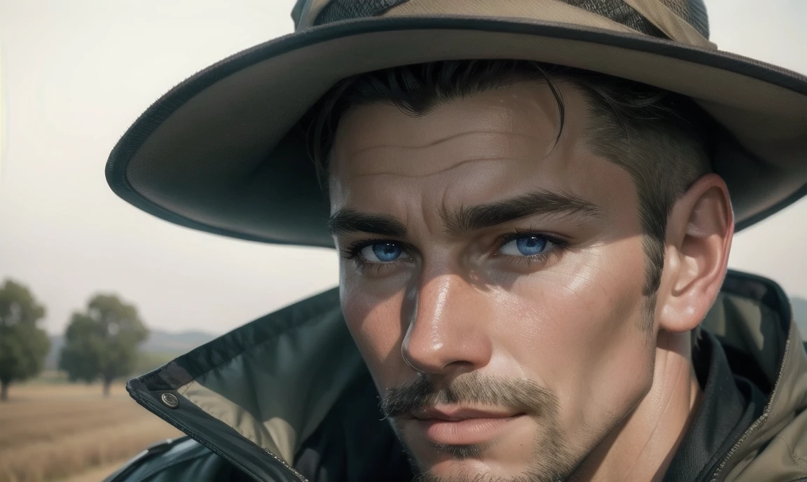 [((highly detailed, detailed eyes, detailed face, clear and realistic facial features, photorealistic, realistic light, cinematic)), ((((1 man)))), Mark is a handsome and alluring slender but muscular male farmer father aged 45 with short blond hair and a neat moustache and blue eyes and weathered skin wearing a flannelette shirt, ((sexy rural gay farmer)), ((greying dark-blond hair)), (((weathered mature face))), (((Mark has a seductive smirking look on his face and a slight blush on his cheeks))), There is a charming yet dry southern farm in the background, (((air of sexual tension))) (((alluring glance)))]
