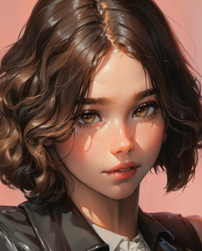 ((Best Quality, 8K, Masterpiece: 1.3)), best quality, ultra high res, a close up of a gitl with a leather jacket and a tie, cute expression, curly middle part haircut, wavy short hair, short wavy hair, chin-length hair, brown short hair, bob cut hair, wavy and short top hair, short brown hair, brown bob haircut, wavy short hazel hair, girl with brown hair, wavy shoulder-length hair, wavy hairstyle, cute face, emma myers, funny face