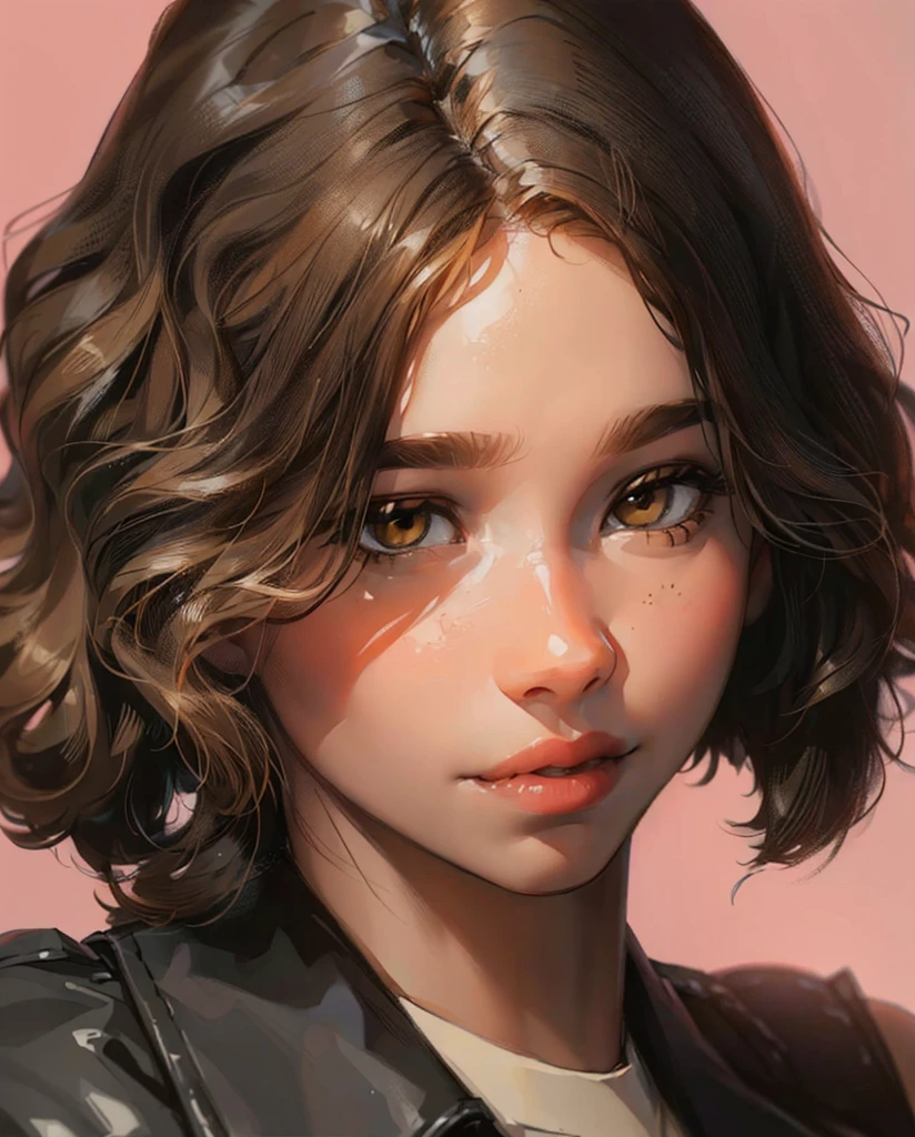 ((Best Quality, 8K, Masterpiece: 1.3)), best quality, ultra high res, a close up of a gitl with a leather jacket and a tie, cute expression, curly middle part haircut, wavy short hair, short wavy hair, chin-length hair, brown short hair, bob cut hair, wavy and short top hair, short brown hair, brown bob haircut, wavy short hazel hair, girl with brown hair, wavy shoulder-length hair, wavy hairstyle, cute face, emma myers, funny face