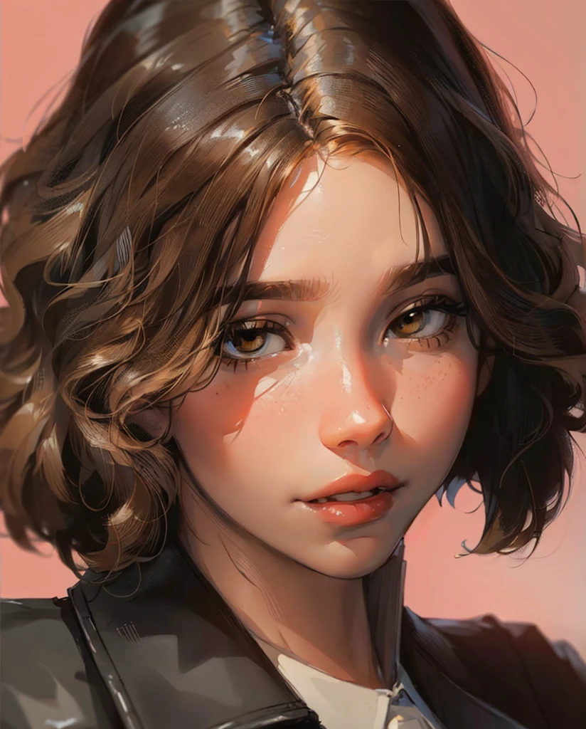 ((Best Quality, 8K, Masterpiece: 1.3)), best quality, ultra high res, a close up of a gitl with a leather jacket and a tie, cute expression, curly middle part haircut, wavy short hair, short wavy hair, chin-length hair, brown short hair, bob cut hair, wavy and short top hair, short brown hair, brown bob haircut, wavy short hazel hair, girl with brown hair, wavy shoulder-length hair, wavy hairstyle, cute face, emma myers, funny face