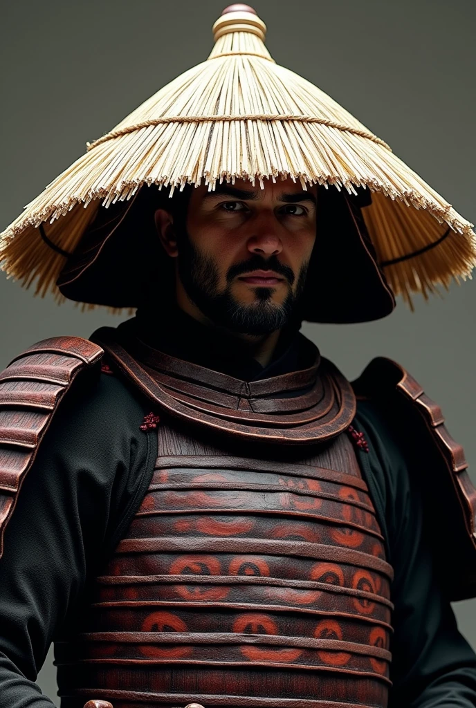 a samurai wears traditional samurai armor, His face is partially hidden by the straw hat (kasa) character sheet, style by Realistic