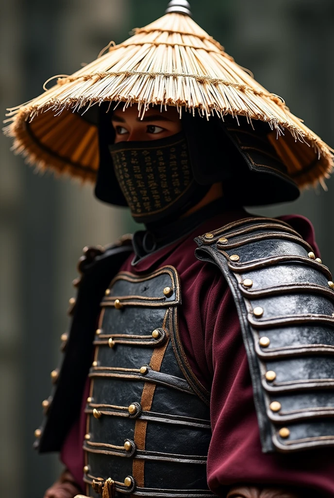 a samurai wears traditional samurai armor, His face is partially hidden by the straw hat (kasa) character sheet, style by Realistic