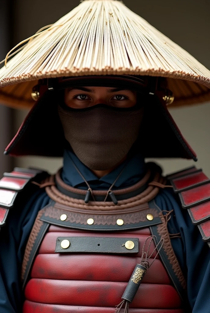 a samurai wears traditional samurai armor, His face is partially hidden by the straw hat (kasa) character sheet, style by Realistic