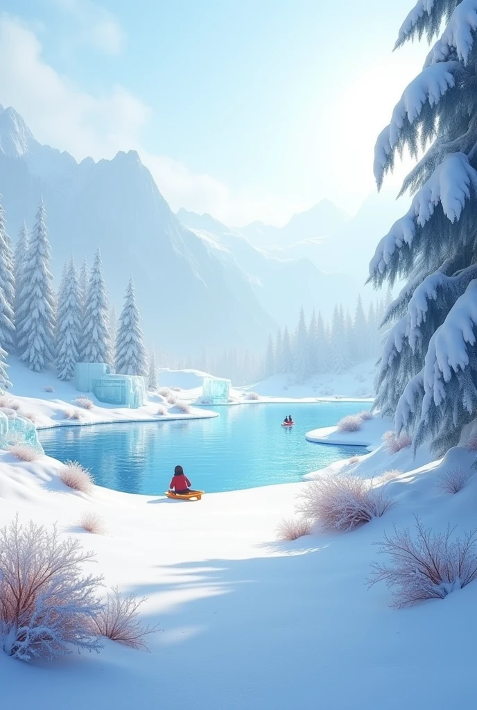 snowy landscape, Frozen lake, ice sculptures, sleds