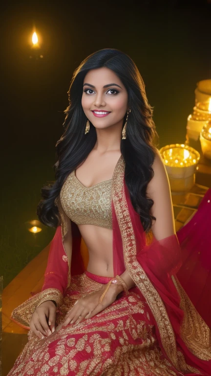 (masterpiece Portrait Photography:1.3) of a ravishing tall seductress girl celebrating Diwali by lighting Diyas, in a elegant Lane, wearing elegant Lehenga and Choli, navel, (ravishing glossy wavy backlit hair),lots of diyas, (big intricate eyes:1.3), (bright smile:1.3) soft dramatic lighting, Diwali decorations, lanterns, children celebrating Diwali, backlit, light rays, highly detailed, trending on artstation, rich colour, festive portrait