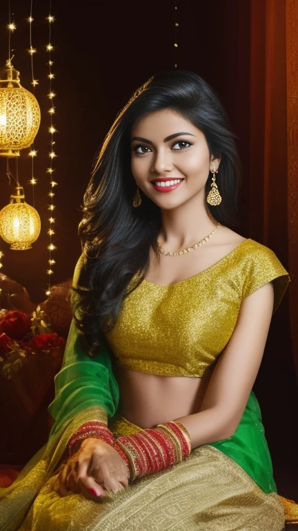 (masterpiece Portrait Photography:1.3) of a ravishing tall seductress girl celebrating Diwali by lighting Diyas, in a elegant Lane, wearing elegant Lehenga and Choli, navel, (ravishing glossy wavy backlit hair),lots of diyas, (big intricate eyes:1.3), (bright smile:1.3) soft dramatic lighting, Diwali decorations, lanterns, children celebrating Diwali, backlit, light rays, highly detailed, trending on artstation, rich colour, festive portrait
