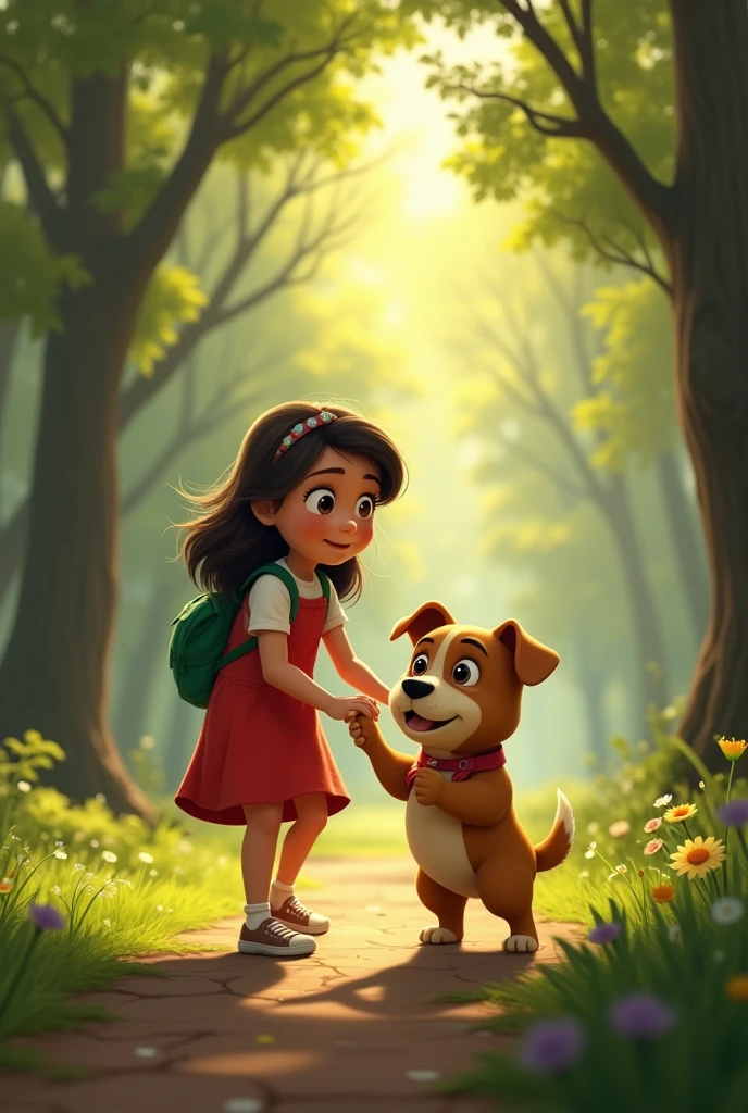From the image I uploaded, I want a composition from that girl, in adulthood, accompanied by her bulldog, in Disney pixar style, playing in a wooded park