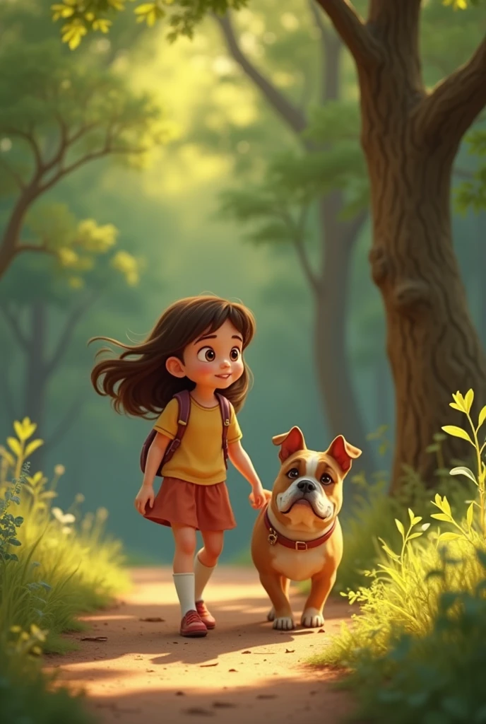 From the image I uploaded, I want a composition from that girl, in adulthood, accompanied by her bulldog, in Disney pixar style, playing in a wooded park