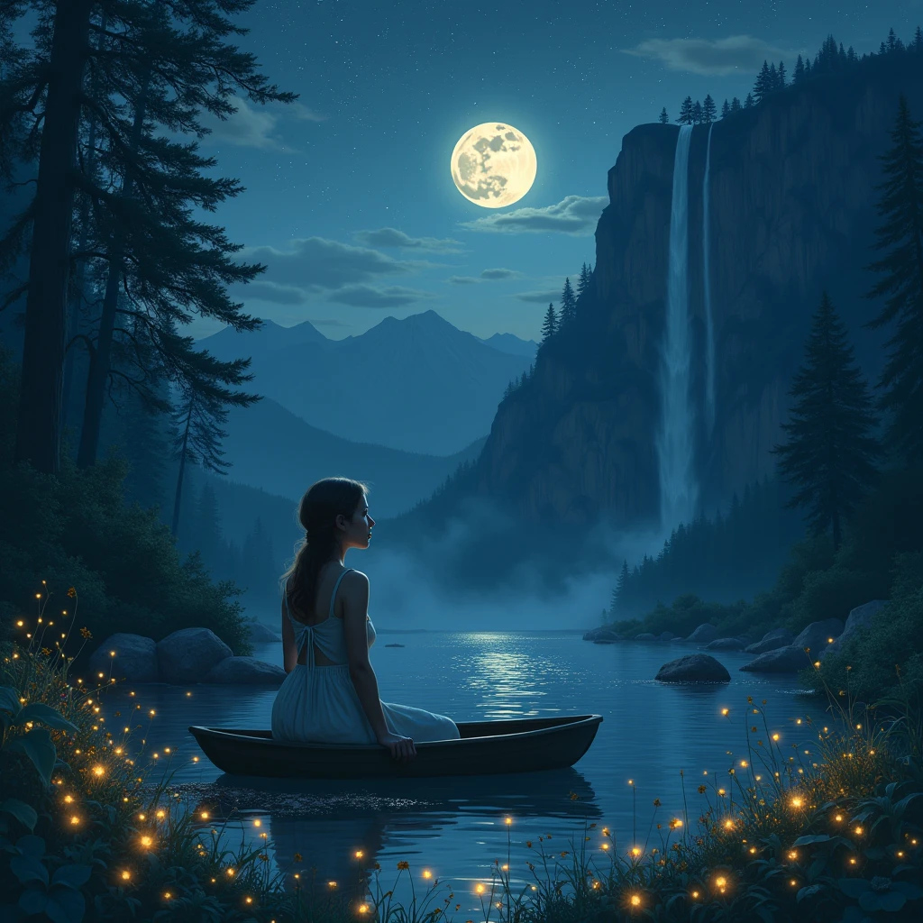 A beautiful girl was watching stars in the dark bluish sky filled with moonlight. It was a dark forest with tall trees and flowers garden. She was on the boat in the lake. The light insect was shining beautiful. The water falls was falling from the mountain 