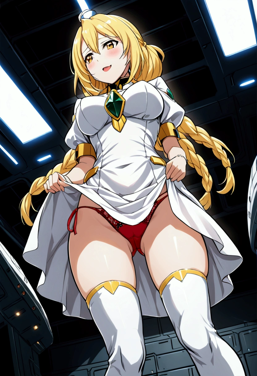 a beautiful detailed portrait of Kudelia Aina Bernstein from Gundam IBO, (Kudelia Aina Bernstein), (Whole body view:1.3), thigh length yellow hair in a single braid, 1/4 contrapposto pose, viewing from slightly below, excited facial expression, wearing white formal gown, dress lifted revealing tight white thigh high boots and a glimpse of red thong underneath, round hips, highly detailed, intricate details, cinematic lighting, spaceship hangar Bay interior