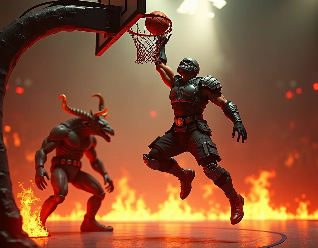 CGI effect of the masked ranger from “((Doom-Eternal published by Bethesda Softworks))” scoring an impressive jumping shot in basketball through a flaming hoop, as the horned muscular cacodemon watches below in anger. Hellish fiery Doom enemies are watching the match, high-resolution 3D rendering, ((realistic textures)) and lighting, dynamic motion blur, particle effects for flames, volumetric smoke, ray-tracing, cinematic composition, intense color grading with deep reds and oranges, high contrast shadows, specular highlights on armor and demon-skin, depth of field focusing on the ranger mid-jump, rendered in Unreal Engine 5 with advanced post-processing effects.