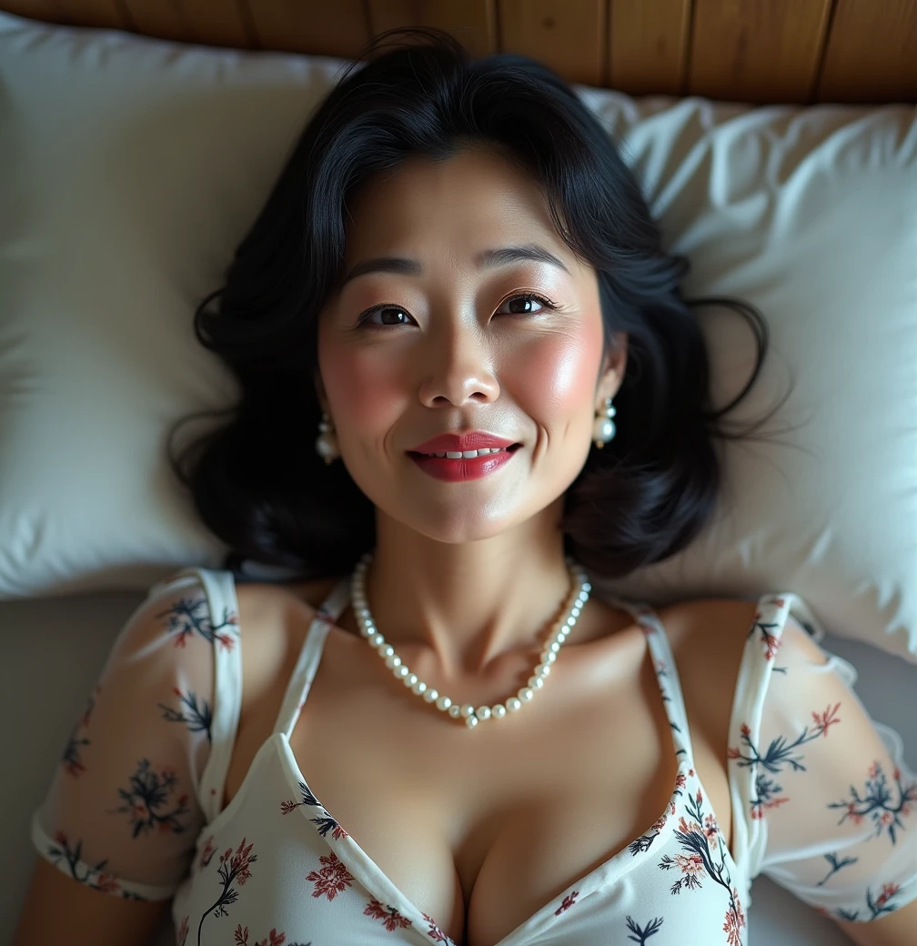 Beautiful mature Japanese woman aged 55, Married women, Long eyelashes, Bob Hair, Red lipstick, Pink Cheeks, Pearl Necklace, Earrings, Dark eyeshadow, Cleavage, Chest visible shirt, Floral Dress, Lying in bed, Open your arms, Sleep on your back, ((Focus on the whole body)),(Highest quality,4K,8k,High resolution,masterpiece:1.2),Very detailed,(Realistic,photoRealistic,photo-Realistic:1.37),High resolution,超High resolution,Studio Lighting,Ultra-fine painting,Sharp focus,Physically Based Rendering,Very detailed explanation,Professional,Vibrant colors,bokeh,Portraiture