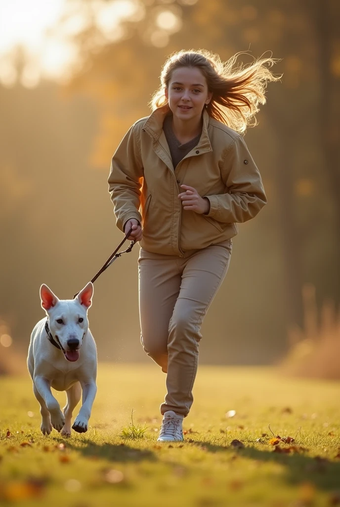 Please create an image of a young woman running with her white bull terrier dog