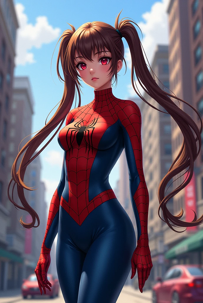 (masterpiece, Highest quality), Intricate details, 8k, Art Station, wallpaper, Official Art, Splash Art, Sharp focus,, One girl, Long Hair, Twin tails, Red eyes, Brown Hair, ,  Spider Suit, spiderweb printing, spiderweb,  , skyscraper, city, building, car, street,