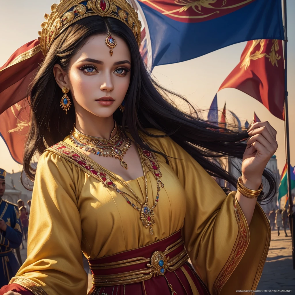 a proud romanian woman, beautiful detailed eyes, beautiful detailed lips, extremely detailed eyes and face, longeyelashes, traditional romanian clothing, ornate jewelry, holding romanian flag, national pride, vibrant colors, dynamic posing, golden hour lighting, cinematic composition, hyper realistic, photorealistic, 8k, best quality, masterpiece, award winning portrait