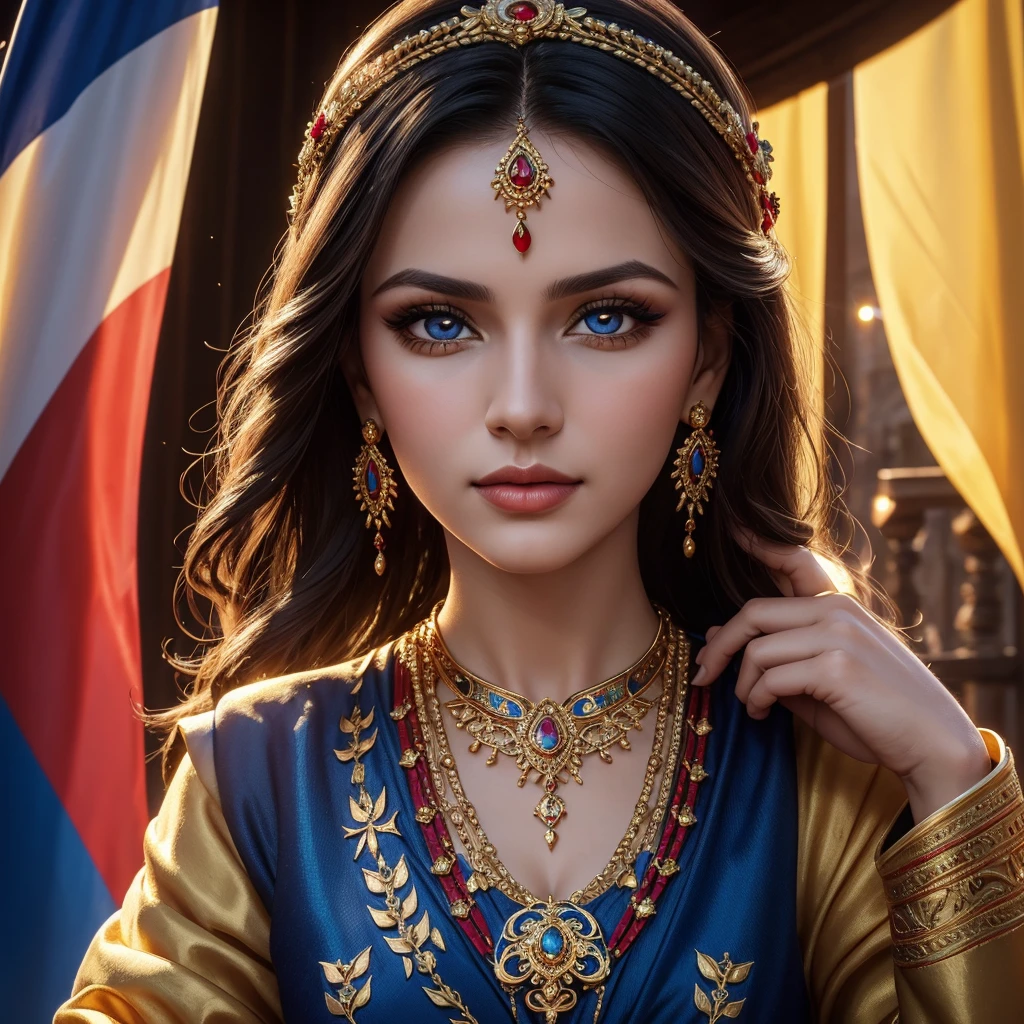 a proud romanian woman, beautiful detailed eyes, beautiful detailed lips, extremely detailed eyes and face, longeyelashes, traditional romanian clothing, ornate jewelry, holding romanian flag, national pride, vibrant colors, dynamic posing, golden hour lighting, cinematic composition, hyper realistic, photorealistic, 8k, best quality, masterpiece, award winning portrait