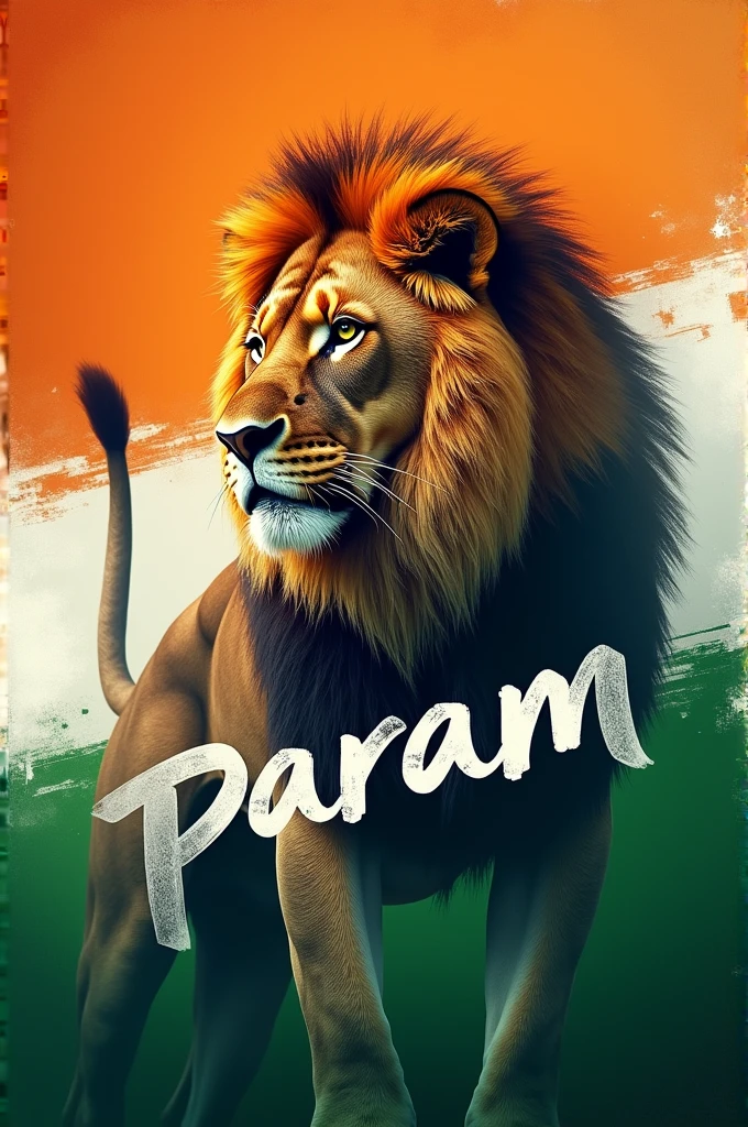 Create a nice photo using the name Param in the colors shade of the Indian flag along with the photo of the lion
