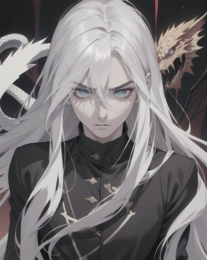 unique, long hair, High accuracy, Looking at the viewer, Blue eyes, Closed lips, Get prizes multiple times, Best quality, details, High resolution models, High quality, Great job, long hair, White hair, The snake stared, No expression on the face, Expressionless eyes, Blank Eyes, disdain, rear view, Adult male, handsome adult male, dragon man, enigmatic expression, frightening, cold expressions, terrifying cold eyes, sharp stares