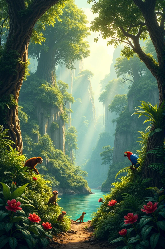 Setting: A vibrant, lush jungle filled with diverse flora and fauna.