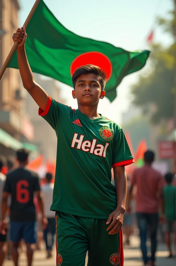 A 20-year-old boy is protesting with a Bangladeshi flag in his hand on the streets of the capital. Wearing the jersey of Bangladesh. 'Helal ' written in English on Jersey