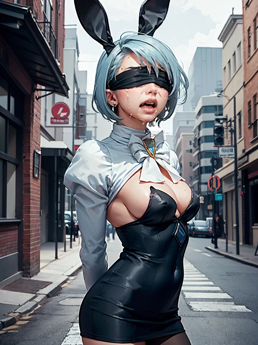 Beautiful woman is shown to have a athletic figure, she is wearing a beautiful nsfw dress, (aafranziska, light blue hair:1.5), ascot, (topless, nsfw, exposed breasts), puffy sleeves, pencil skirt, pantyhose, black gloves, jewelry, earrings, (black bunny ears:1.4), black lips, (thin black blindfold:1.7), (tears, crying:1.4), closed mouth, girl standing in street, (looking down:1.4), sexy session, (arms behind back:1.7), exposed cleavage, (abs), cowboy shot, facing viewer, superior quality, many details, realistic