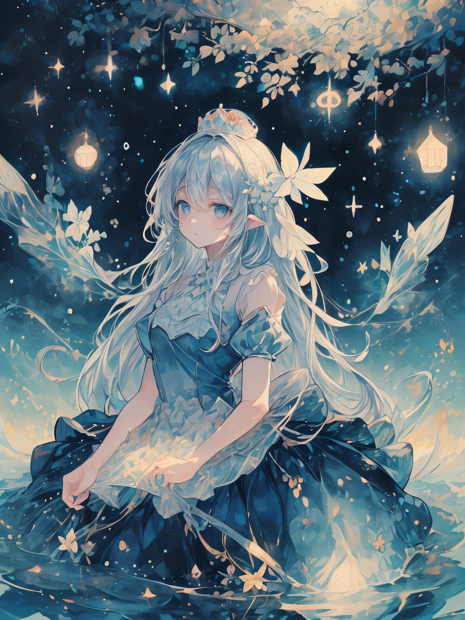 (Mastepiece), (Best Quality), Very detailed, 1 girl, (Full body solo shot:1.5), Perfect Face, beautiful girl, Very detailedな顔,(Blue Princess Dress:1.4)、(Long white hair:1.5),(blue eyes:1.4),(Princess:1.4)、(White flower:1.4)、(Blue Butterfly々:1.3)、(Sparkling:1.3)、moonlight、流れstar、(night、star空、White Moon:1.4)、star々、moonlight