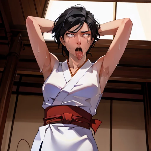 ((((masterpiece, best quality, high resolution)))), Extremely detailed 8K, 1 female, wearing a white Karate gi, (ahegao),white eyes, Small breasts, sash, japanese clothes,  No underwear,No eyeballs, Facing the audience, looking at the audience, tired, from below, (Exposed armpit:1.1), ((armpit:1.2)), sexy, Sweating, More and more sweat,(ahegao), (Roll your eyes),  open mouth, Sticking out tongue, saliva, Slobber,Skinny, raise arms, (arms above head:1.5)(Ultra HD, Ultra-detailed, Highly detailed, Highly realistic, Ultra-realistic, photograph realistic), (1girl:1.5), (Realistic black hair), (dynamic poses), facing at camera, looking at viewer, (slightly serious face), (perky breasts:1.2), (beautiful detailed face, beautiful detailed eyes), ((worn out karate gi)), (preparing for a fight), sweat, glow, (sunbeam, sunlight), ((cowboy shot)), inside a training gym, seductive, EnvyBetterHands LoCon,