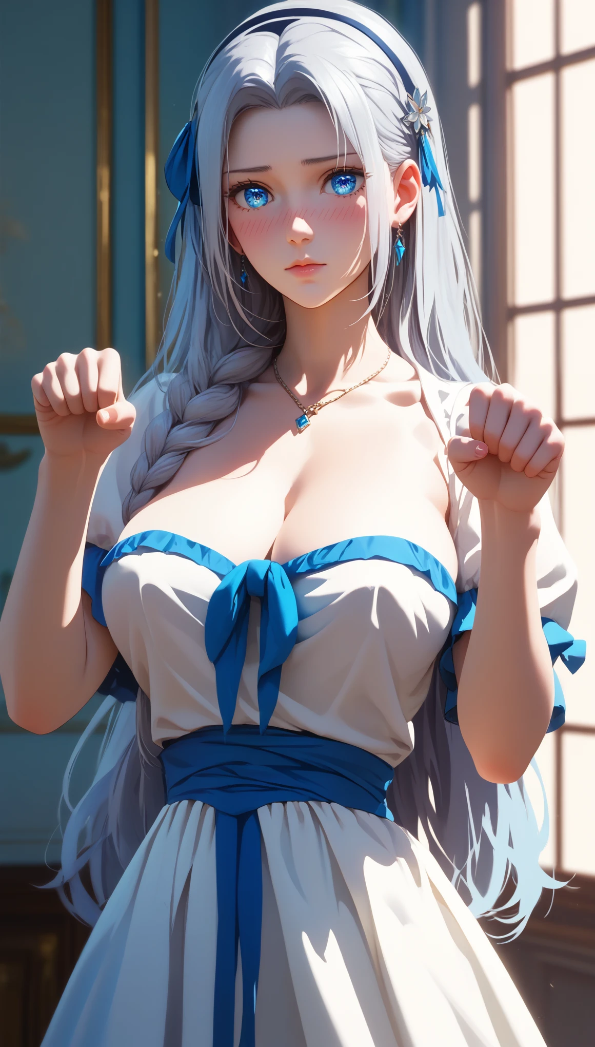 check_9, check_8_up, check_7_up, check_6_up, uncensored, Milen, long hair, silver hair, blue hair tie, Blue eyes, break (masterpiece:1.2), Best quality, a high resolution,(detailed eyes:1.3), perfect lighting,(perfect hands, Ideal Anatomy), Big breasts, blush, embarrassed, paw pose, dress, white dress, split, in underwear,