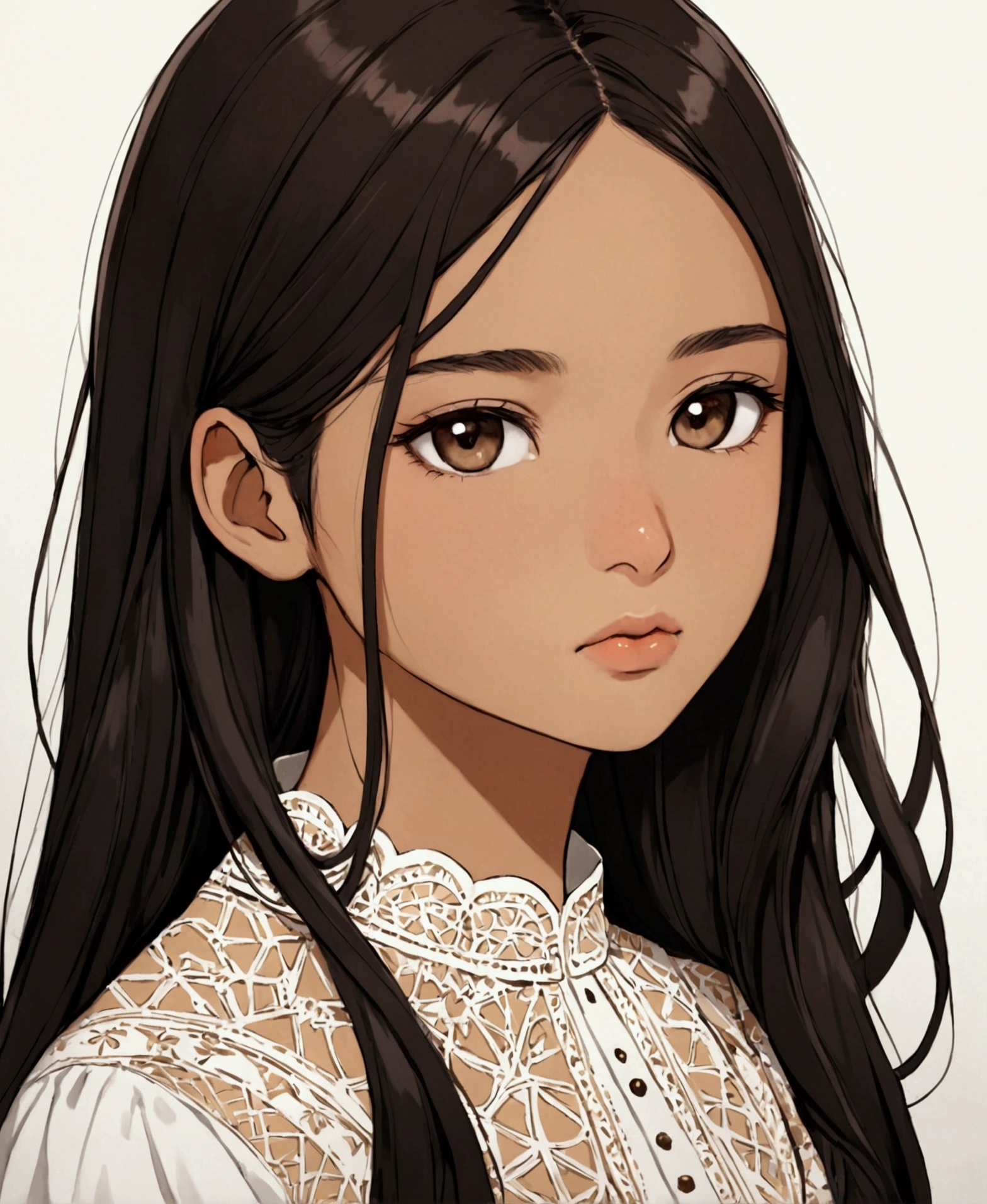 Portrait of a beautiful woman, , light Mediterranean tanned skin, extremely long black hair, dark brown eyes, round nose, thin lips, circular face, loose blouse, long sleeves, expressionless, sleepy,