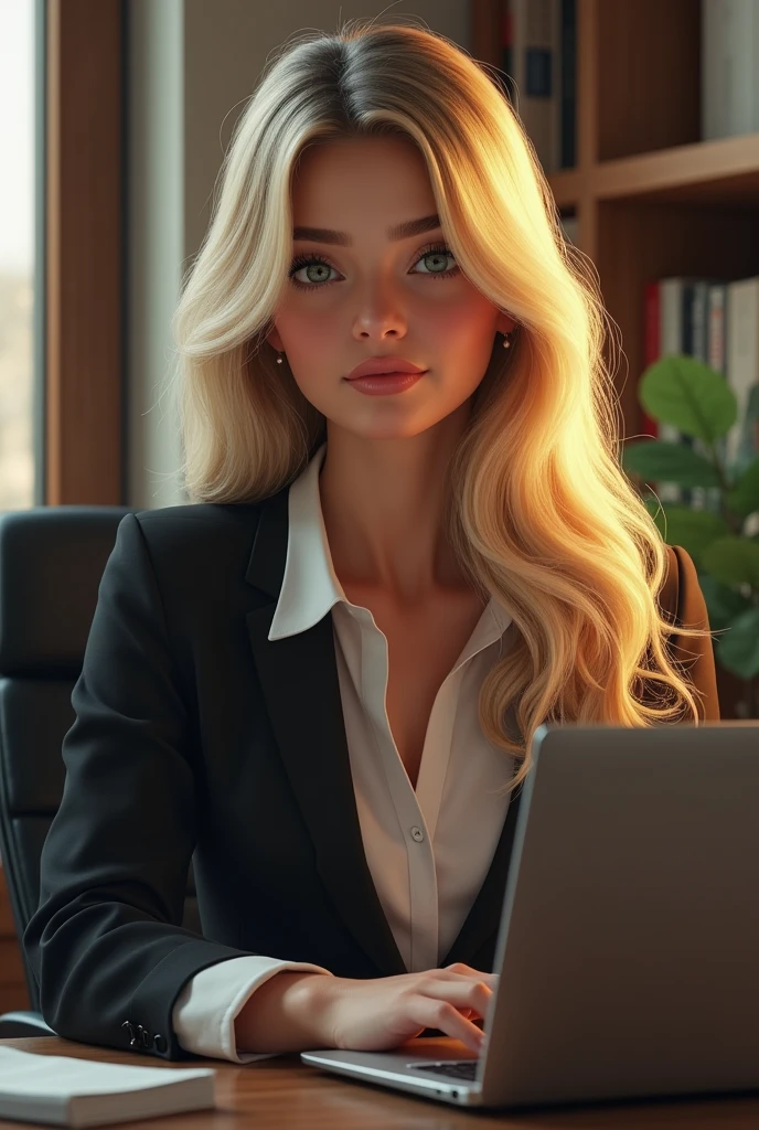 une belle fille aux longs cheveux blonds, detailed eyes, nose, and lips, porter une tenue professionnelle, assise dans son bureau, en utilisant son ordinateur, ordinateur HP (best quality,4K,8k,high resolution,head of&#39;artwork:1.2),ultra-detailed,(realistic,photorealistic,photo-realistic:1.37),HDR,studio lighting,Highly detailed face and body, portrait,Cinematic lighting,Dramatic lighting,warm color tones,couleurs dramatiques