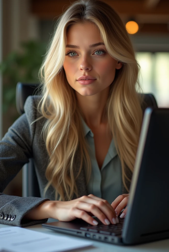 une belle fille aux longs cheveux blonds, detailed eyes, nose, and lips, porter une tenue professionnelle, assise dans son bureau, en utilisant son ordinateur, ordinateur HP (best quality,4K,8k,high resolution,head of'artwork:1.2),ultra-detailed,(realistic,photorealistic,photo-realistic:1.37),HDR,studio lighting,Highly detailed face and body, portrait,Cinematic lighting,Dramatic lighting,warm color tones,couleurs dramatiques