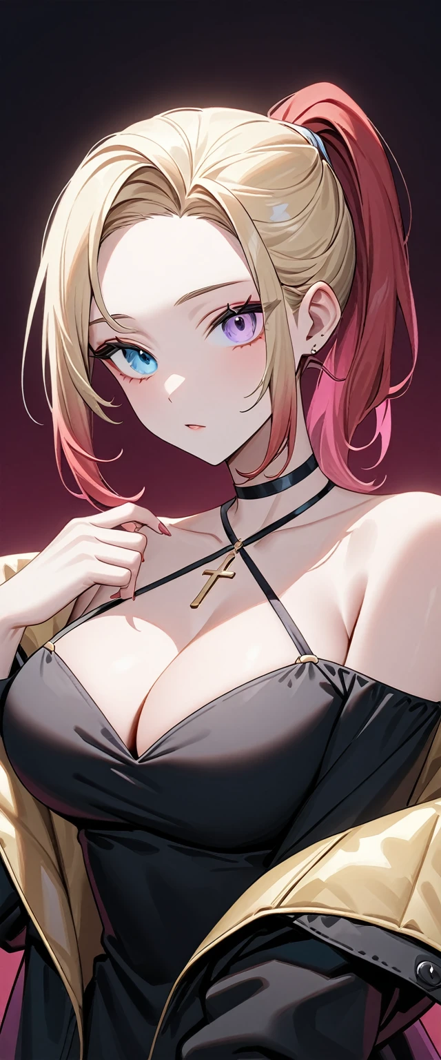 ｛masterpiece　Very detailed　aldult　超High resolution　High resolution　最high quality　Very detailedな　detailed woman　high quality　8k｝　Goddess Athena　((Thick jacket　Wearing　Black jacket　Golden jacket　Puffy Sleeves))　((A dress made of white fabric　Oversized)) 　Thighs　((Cross halter　Fabric Halter))　(((Off-the-shoulder dress)))　((Cleavage))　Big Breasts　Big eyes　((heterochromia,pink eye,sky blue eye))　｛｝　Light blonde hair　Red hair tips　Red gradient hair　((short hair))　One eye is hidden by his bangs　ponytail　Hair tied up high　Center parted, swept up bangs style　forehead　((Slicked back hair))
