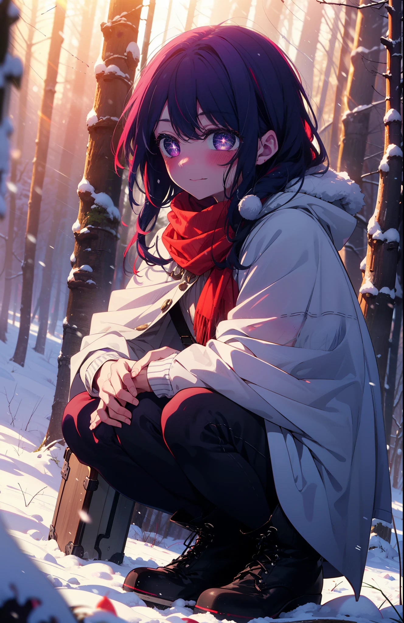 aihoshino, Ai Hoshino, Long Hair, bangs, (Purple eyes:1.1), Purple Hair, (Symbol-shaped pupil:1.5), smile,,smile,blush,white breath,
Open your mouth,snow,Ground bonfire, Outdoor, boots, snowing, From the side, wood, suitcase, Cape, Blurred, , forest, White handbag, nature, Squat, Mouth closed, Cape, winter, Written boundary depth, Black shoes, red Cape break looking at viewer, Upper Body, whole body, break Outdoor, forest, nature, break (masterpiece:1.2), Highest quality, High resolution, unity 8k wallpaper, (shape:0.8), (Beautiful and beautiful eyes:1.6), Highly detailed face, Perfect lighting, Highly detailed CG, (Perfect hands, Perfect Anatomy),