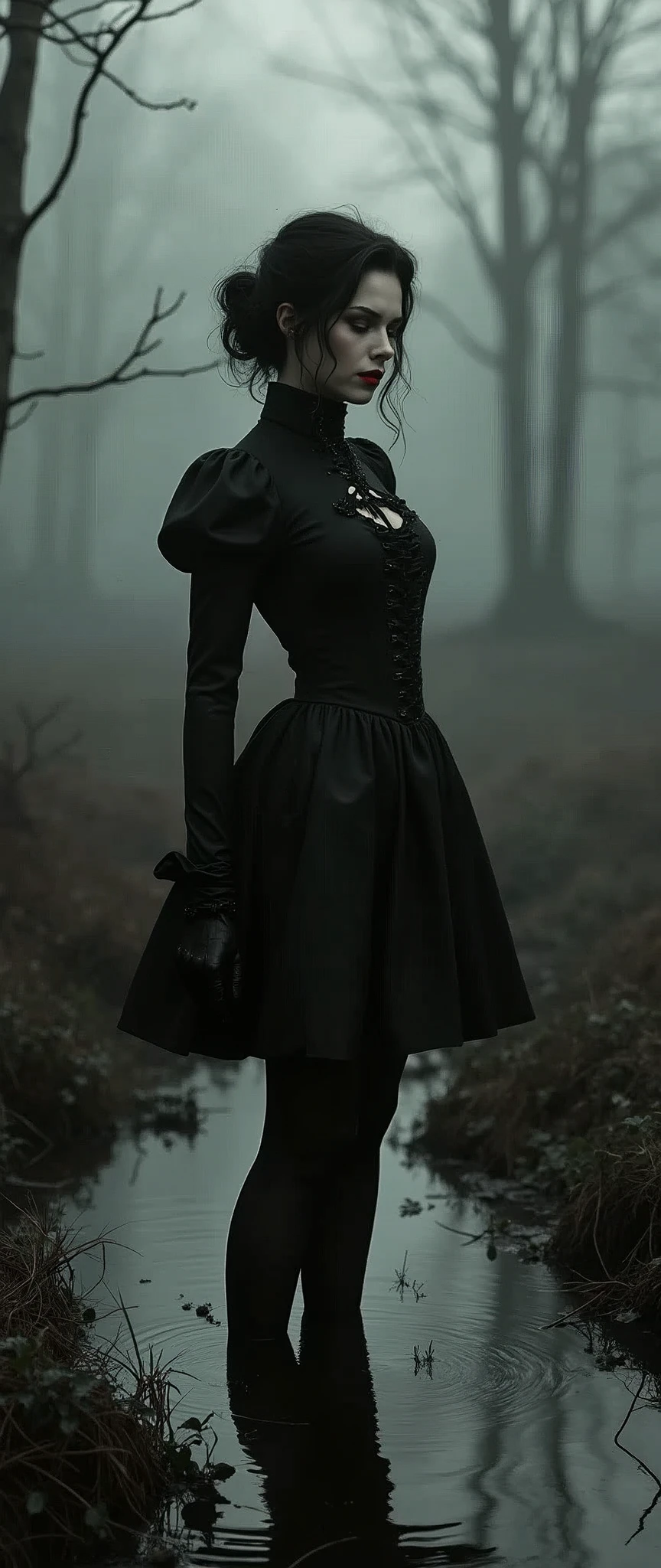 monochrome film, drama, stuck in bog,high-neck style, closed Puritan dress, short mini-dress, hips, high-neck dress, aristocratic hairstyle, stockings with garters, red lips, goth, aristocratic, gloves, Duchess, noir
