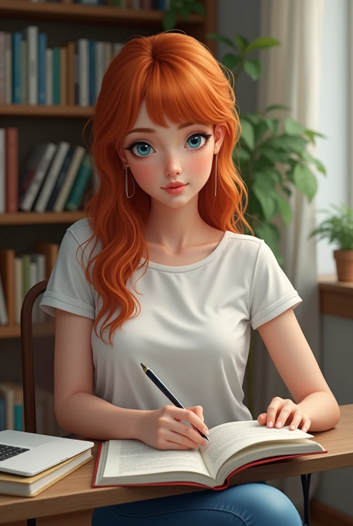 A pretty female with ginger hair, bangs, and blue eyes, wearing blue jeans, and a white t-shirt. She is studying math. Make it realistic.