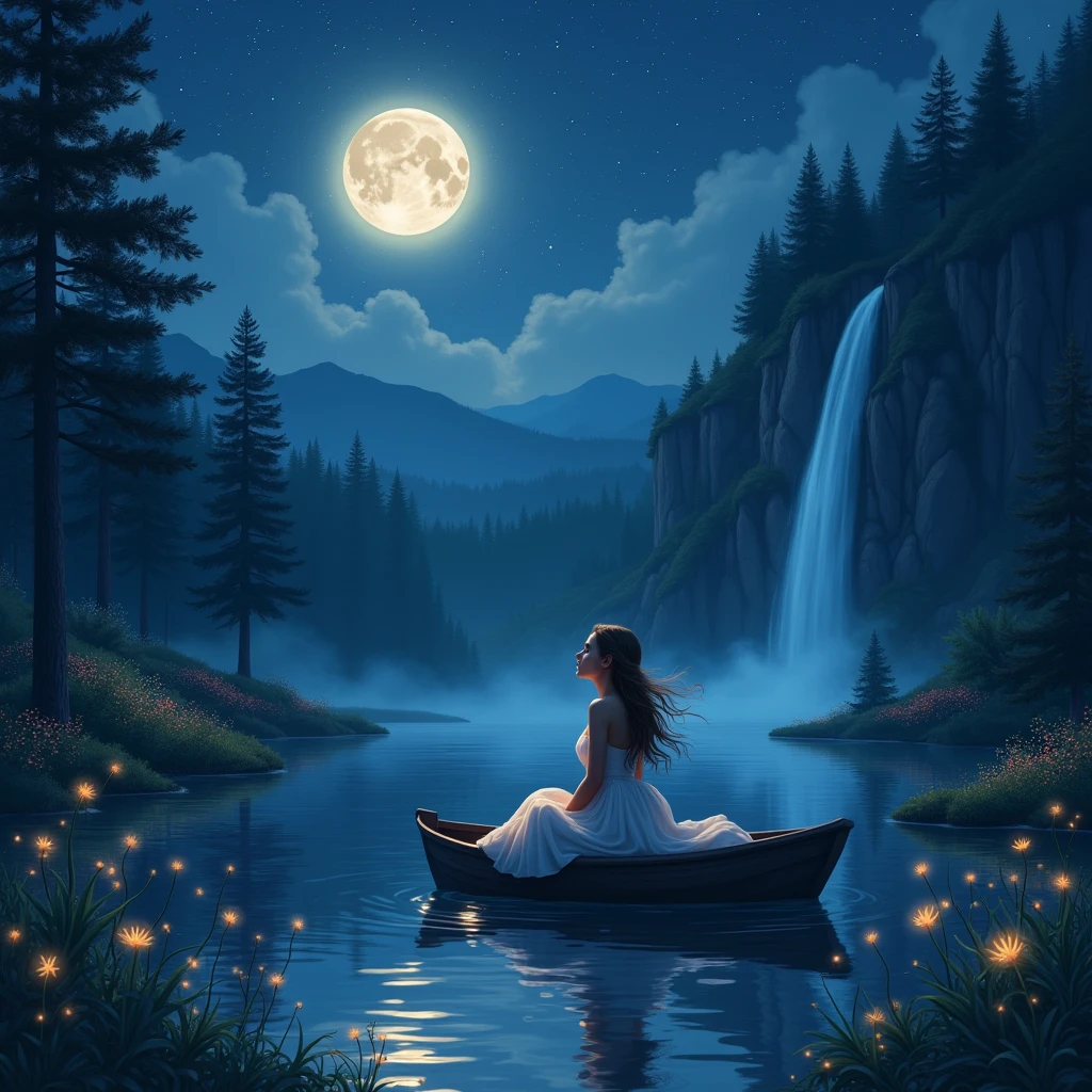 A beautiful girl was watching stars in the dark bluish sky filled with moonlight. It was a dark forest with tall trees and flowers garden. She was on the boat in the lake. The light insect was shining beautiful. The water falls was falling from the mountain