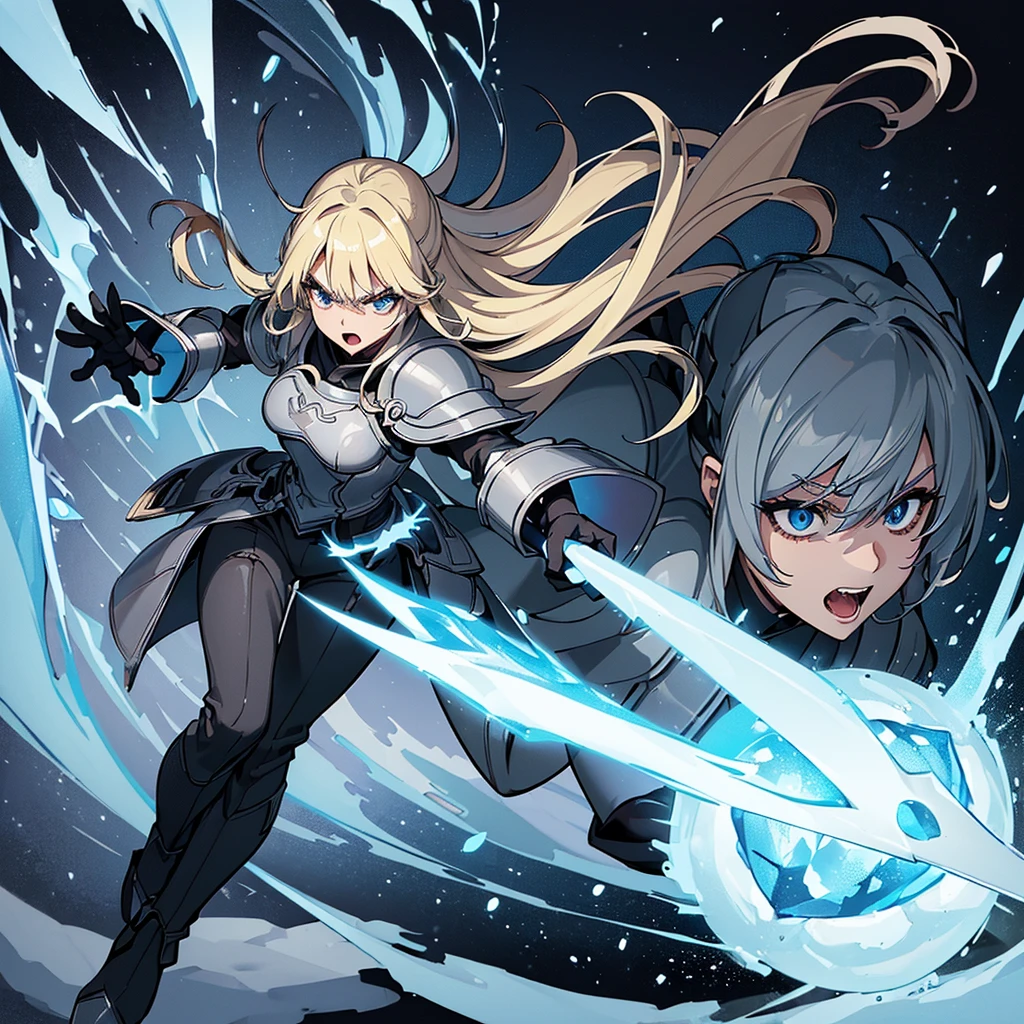 ((((Solo))))、Best illustrations、Best Quality、(Full body character concept、Character Design)、(((Grey Armor、Black trousers、Black gloves))、(woman、18-year-old)、(Blonde、Long Hair)、(Get Ready)、(get annoyed、Open your mouth)、(Particles of light, Blue aura, ice、iceの玉、巨大なiceの塊、iceの魔法、Deathblow)、Dramatic Angle、Snowstorm、Dramatic Angle、Both hands in front、(Diagonally below)