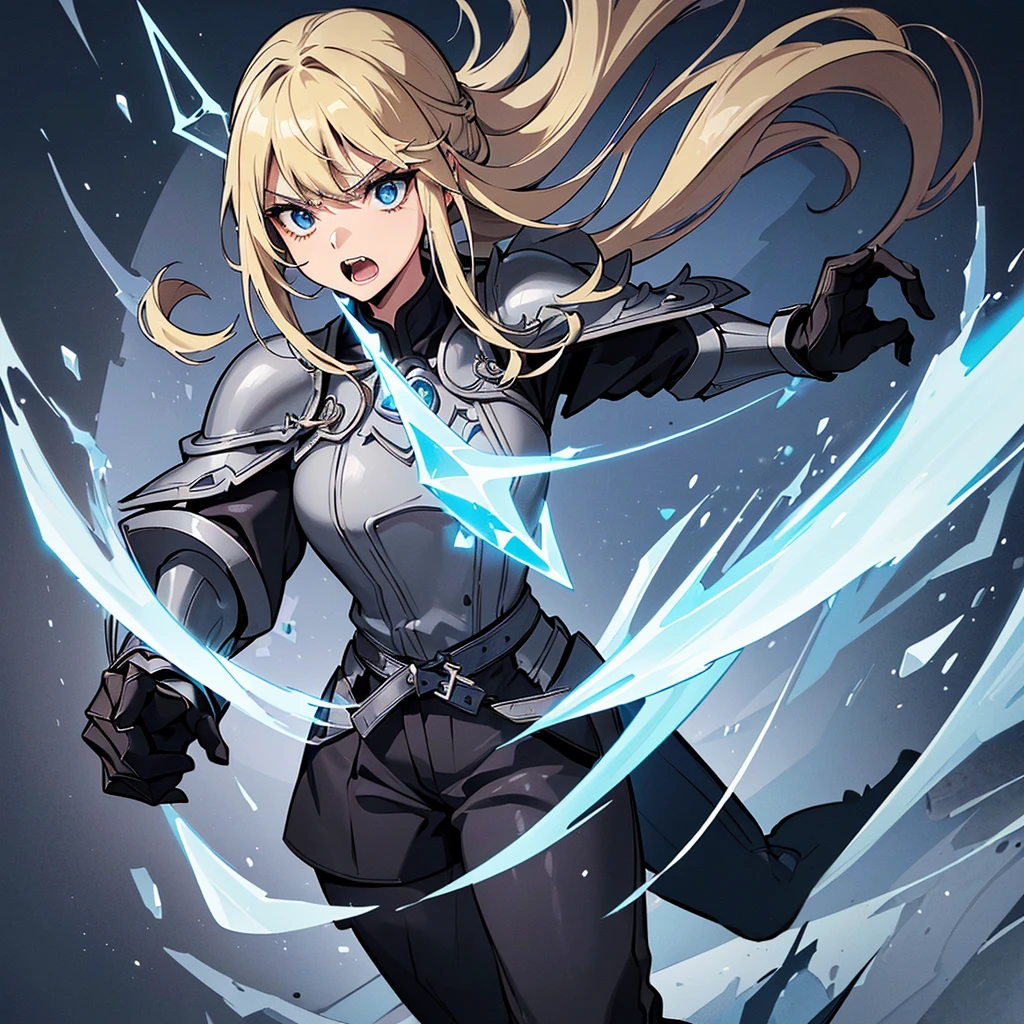 ((((Solo))))、Best illustrations、Best Quality、(Full body character concept、Character Design)、(((Grey Armor、Black trousers、Black gloves))、(woman、18-year-old)、(Blonde、Long Hair)、(Get Ready)、(get annoyed、Open your mouth)、(Particles of light, Blue aura, ice、iceの玉、巨大なiceの塊、iceの魔法、Deathblow)、Dramatic Angle、Snowstorm、Dramatic Angle、Both hands in front、(Diagonally below)