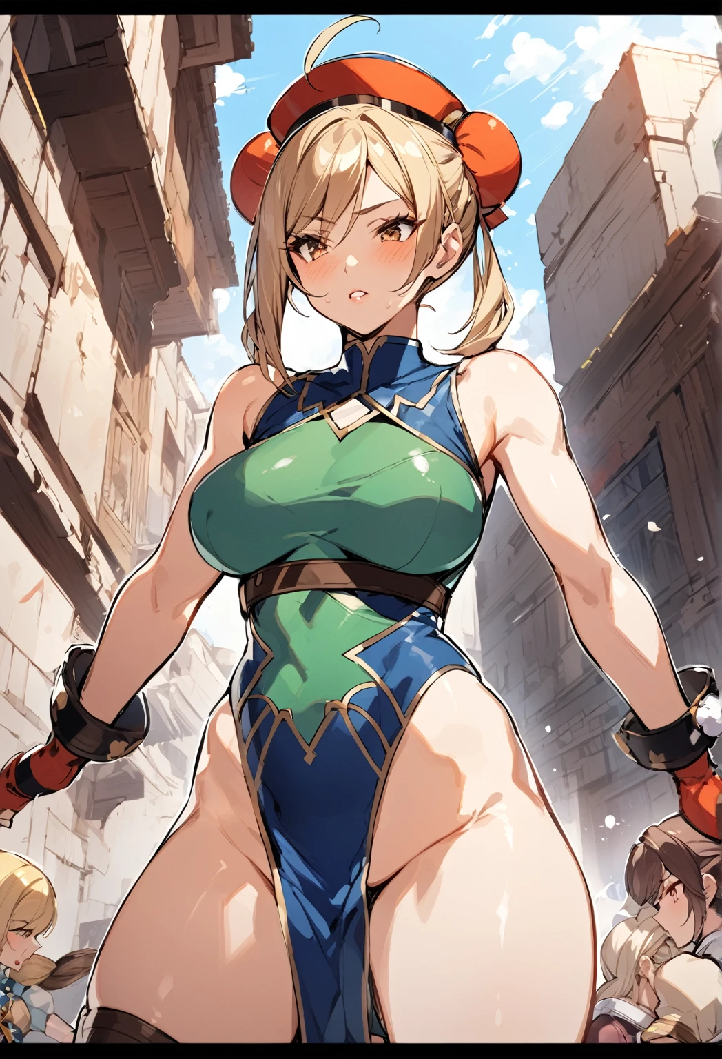 two woman kissing, Chun li (brown hair) , Cammy ( blonde hair)