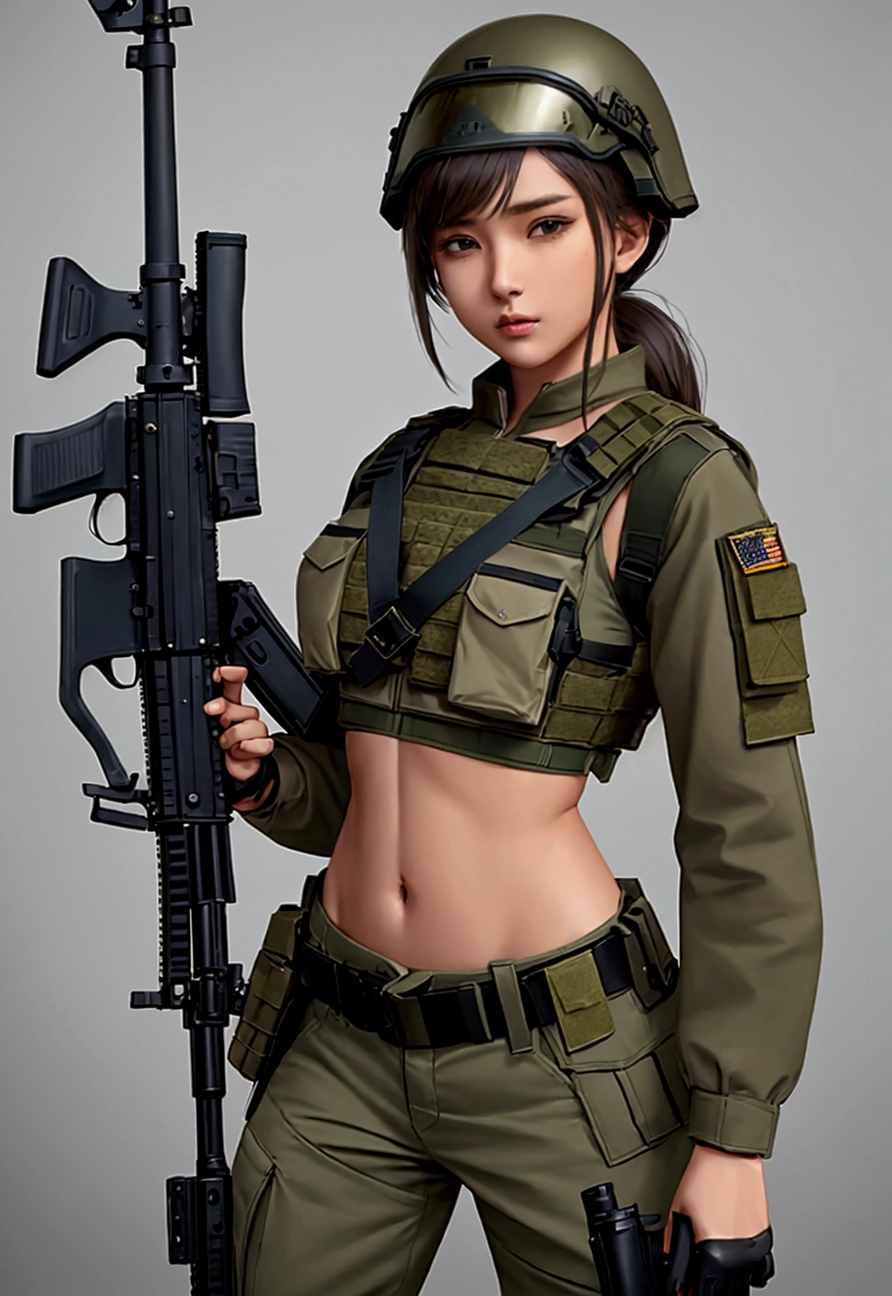 Women in crop top military bulletproof vest , military green cargo pants, belt, military helmet, tactical, (open navel), ((holding assault rifle))