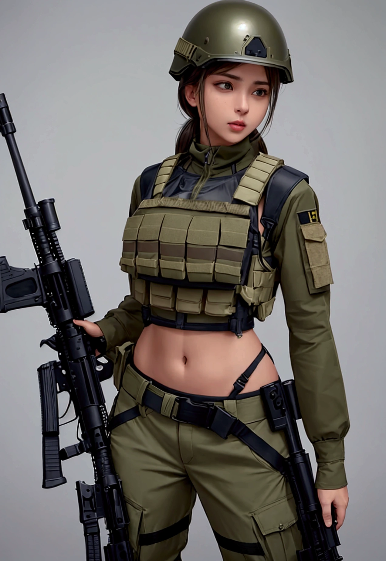 Women in crop top military bulletproof vest , military green cargo pants, belt, military helmet, tactical, (open navel), ((holding assault rifle))