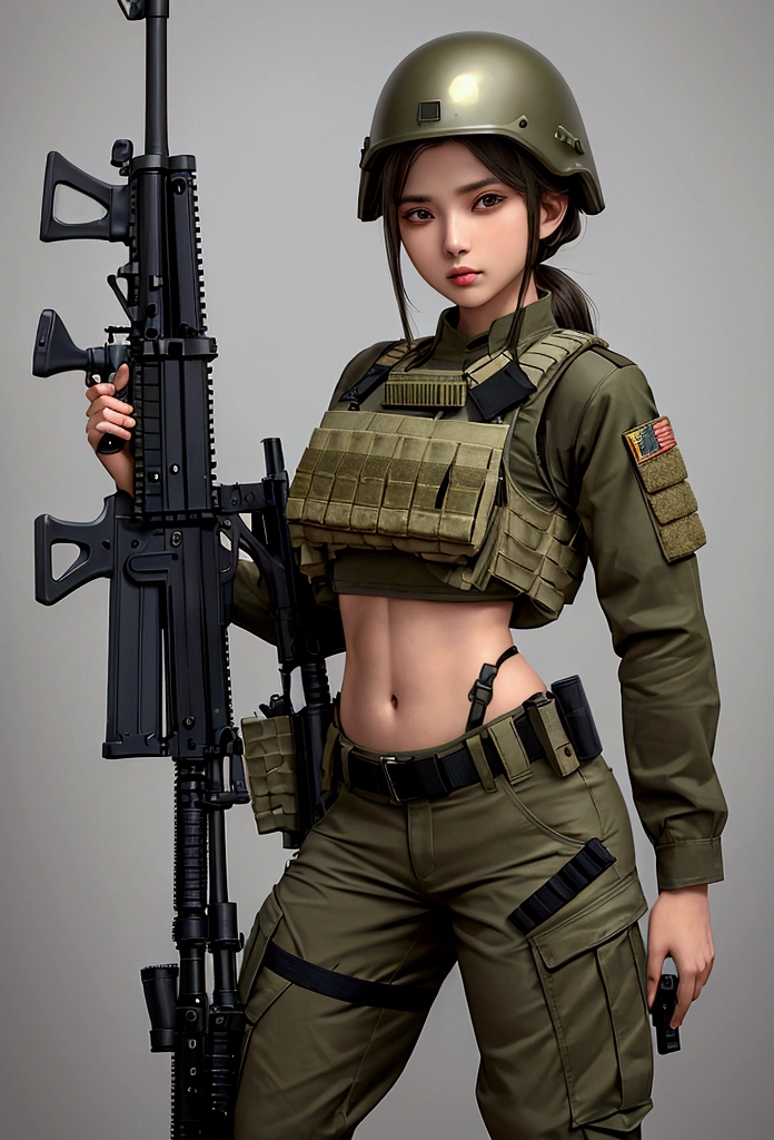 Women in crop top military bulletproof vest , military green cargo pants, belt, military helmet, tactical, (open navel), ((holding assault rifle))