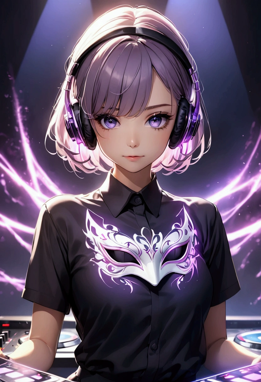 style of Light painting, Girl using mask, Short purple hair, white highlights, purple glowing headphones, beautiful eyes, black top , DJ set music, 8K,