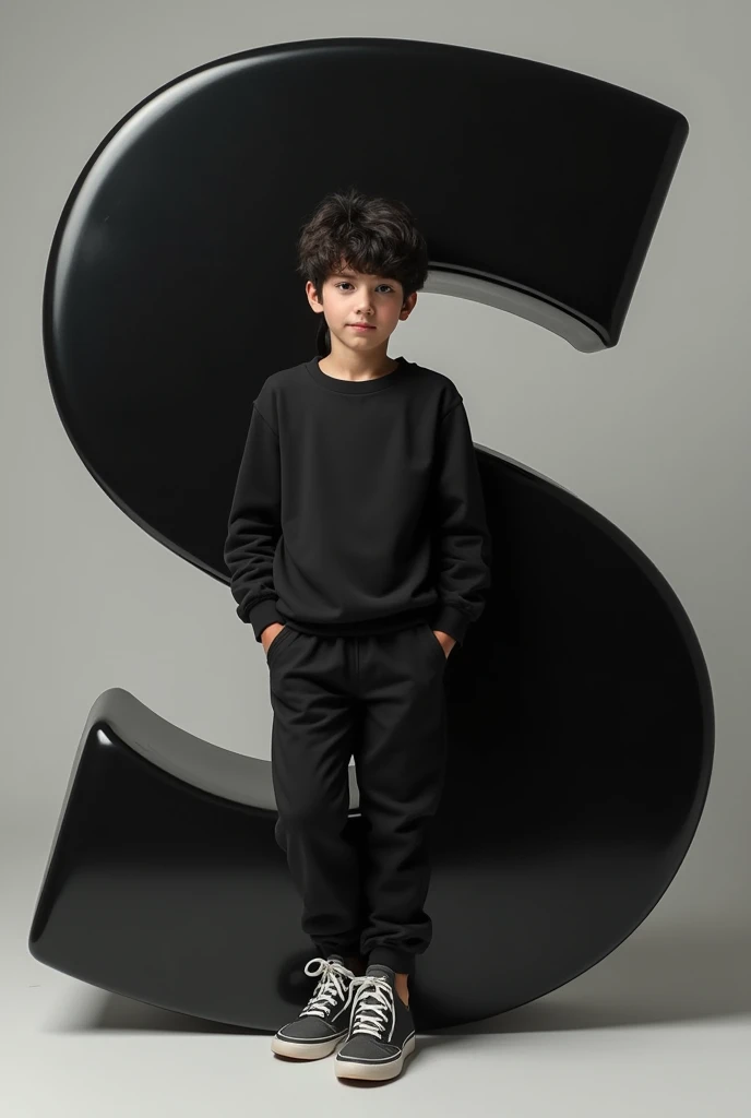 A boy with dark hair, dressed in a casual outfit including a black sweatshirt, jogger pants, and sneakers. The person is leaning against a large purple glossy letter 'S', which is Black with white accents. The overall color scheme is minimalistic, focusing on shades of black and grey. The scene has a modern and clean aesthetic, with soft darks and subtle shadows.